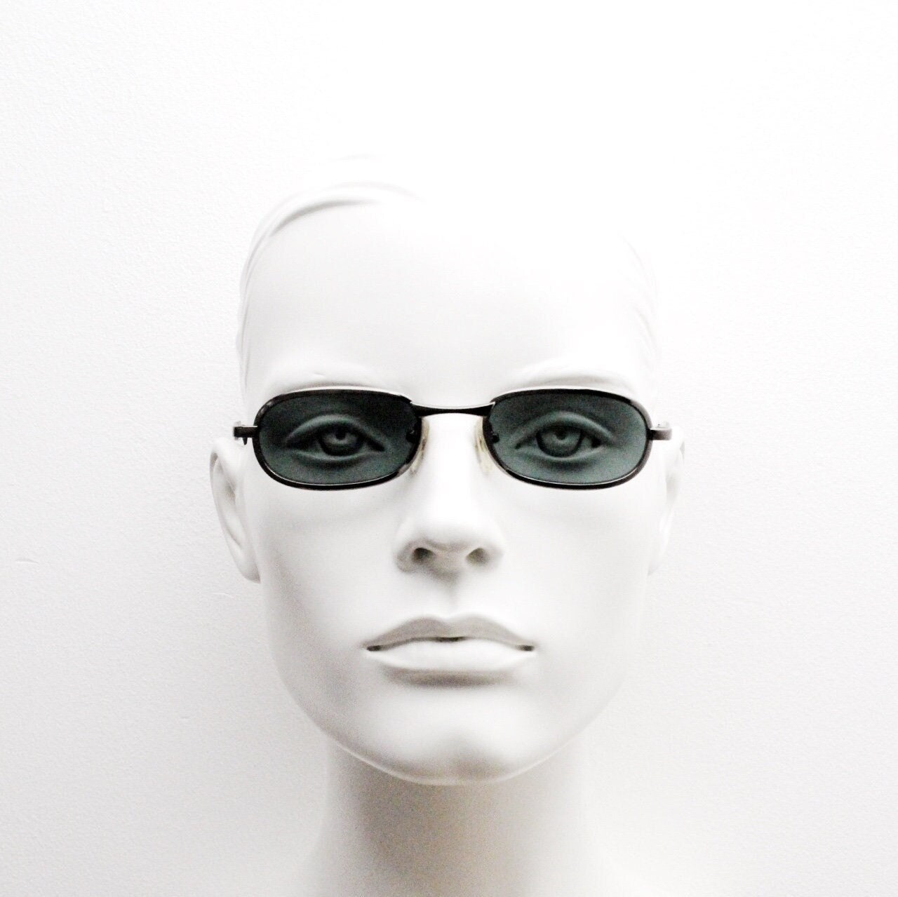 90s vintage oval solid metal sunglasses. Minimal gunmetal grey chrome frame with dark green lenses. Steampunk. Micro. Unused NOS