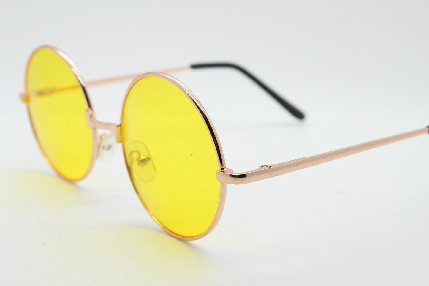90s round vintage sunglasses. Rose gold metal frame with bright yellow lenses. 1920's style. John Lennon. Steampunk. NOS