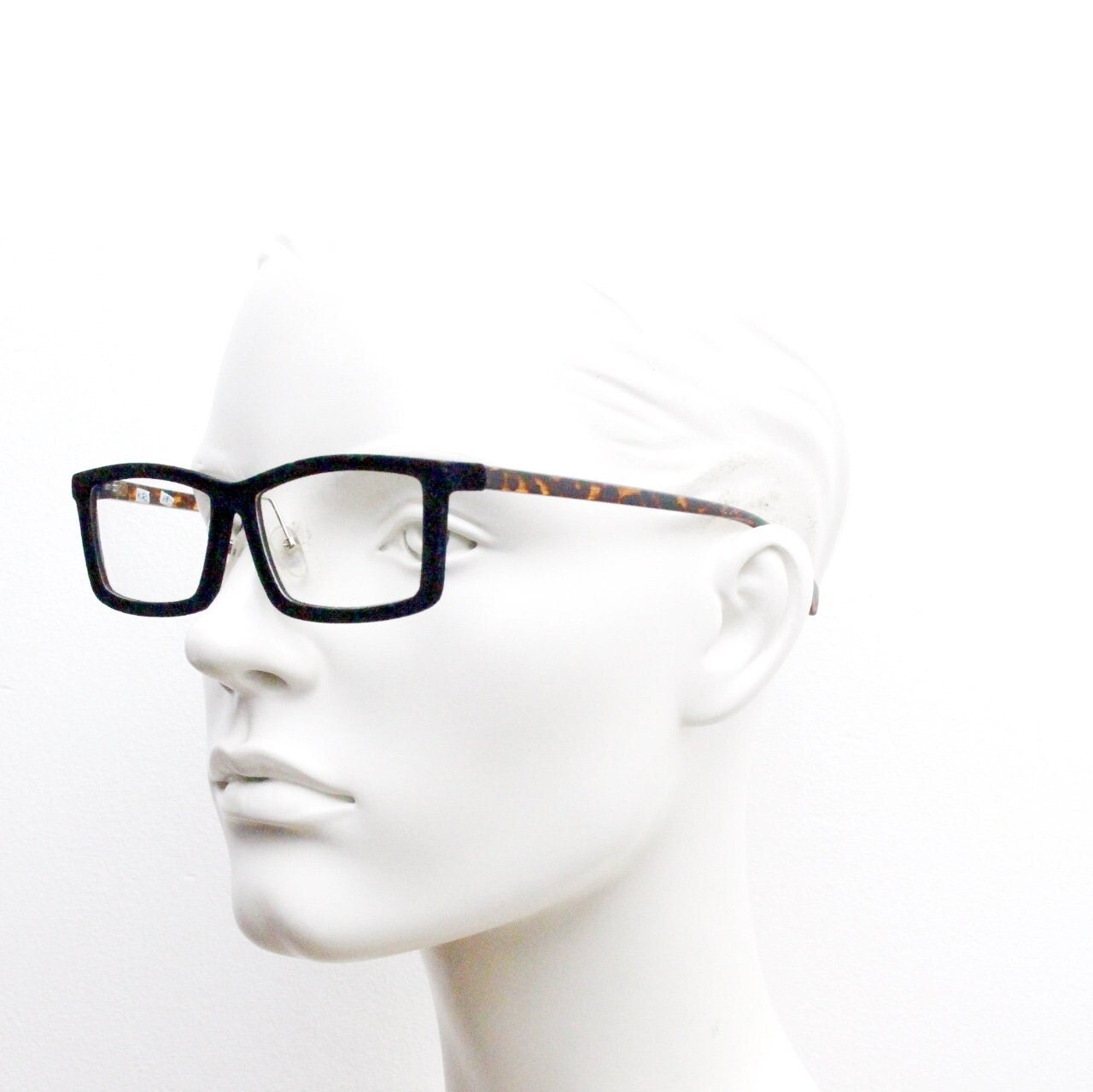 Y2K vintage black velvet glasses with tortoise arms. Stylised rectangular clear lens eyeglasses. NOS optical frames. RX spectacles