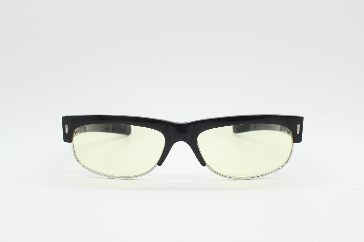 90s vintage half frame glasses. Black gloss low profile flat top design with straight arms and clear lenses. Unused NOS