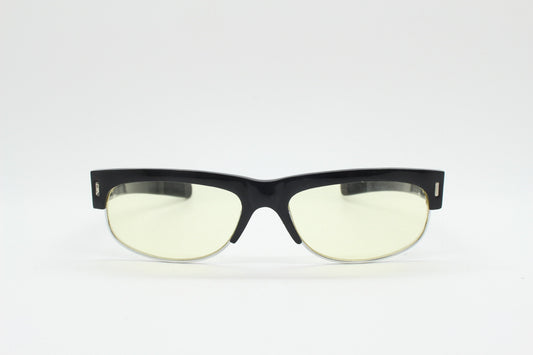90s vintage half frame glasses. Black gloss low profile flat top design with straight arms and clear lenses. Unused NOS