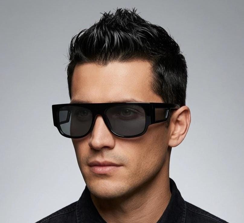 Y2K vintage rectangular side panel sunglasses. Black gloss frame with grey lenses and side window spoilers / blinkers. 2000s NOS goggle