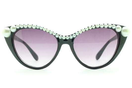 Vintage Y2K cat eye sunglasses. 2000s womens black cateye with dramatic white pearl style ball decoration along the brow. Rockabilly. NOS