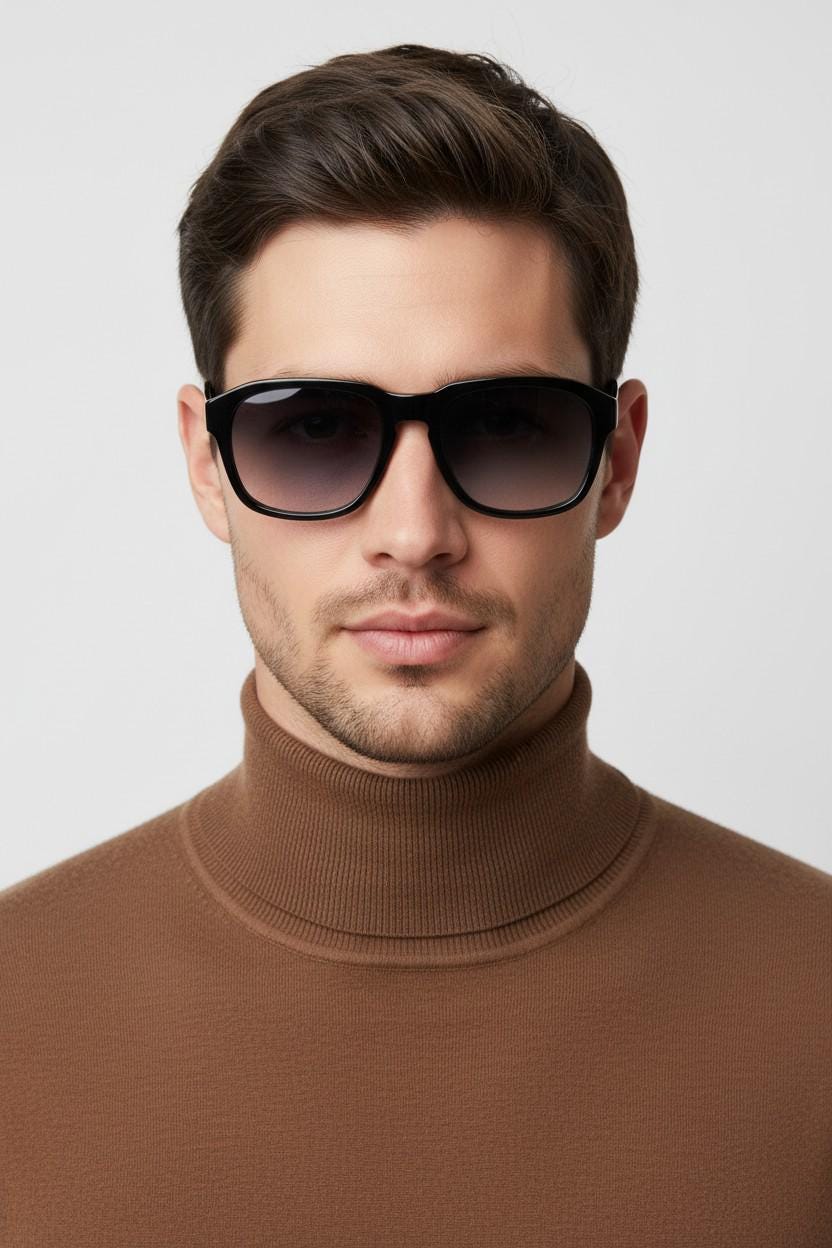 Jack Spade plain black rectangular sunglasses. Solid acetate frame with grey graduating lenses. Mens vintage 60s mod design. Keyhole bridge