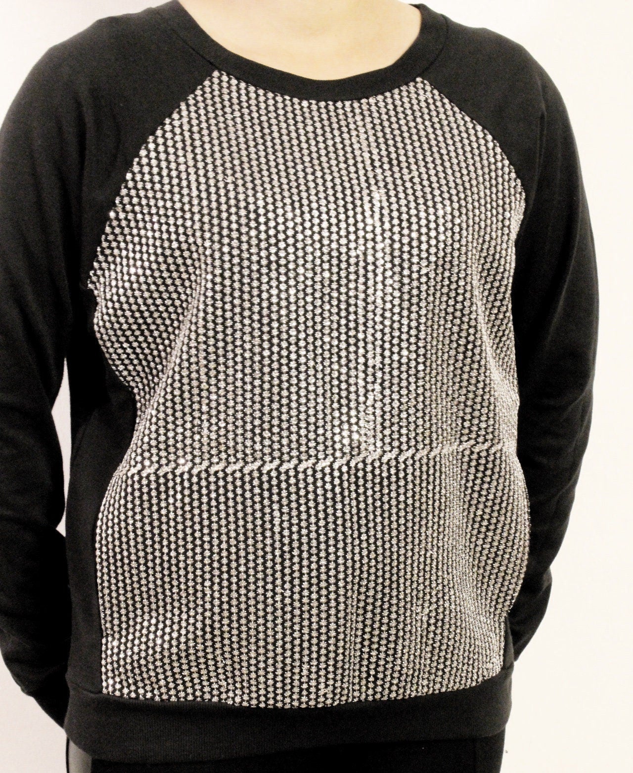 Vintage Y2K black sweatshirt with full silver sequin front . Womens crew neck pullover. Round neck jumper