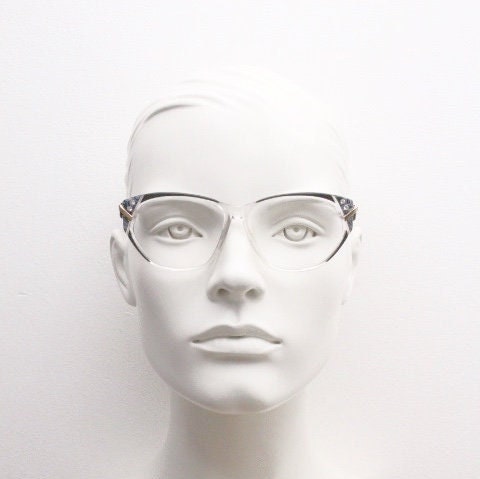 Jean Louis Scherrer 80s vintage cat eye glasses made in France. marbled grey / clear acetate optical frame. Diamante RX prescription cateye