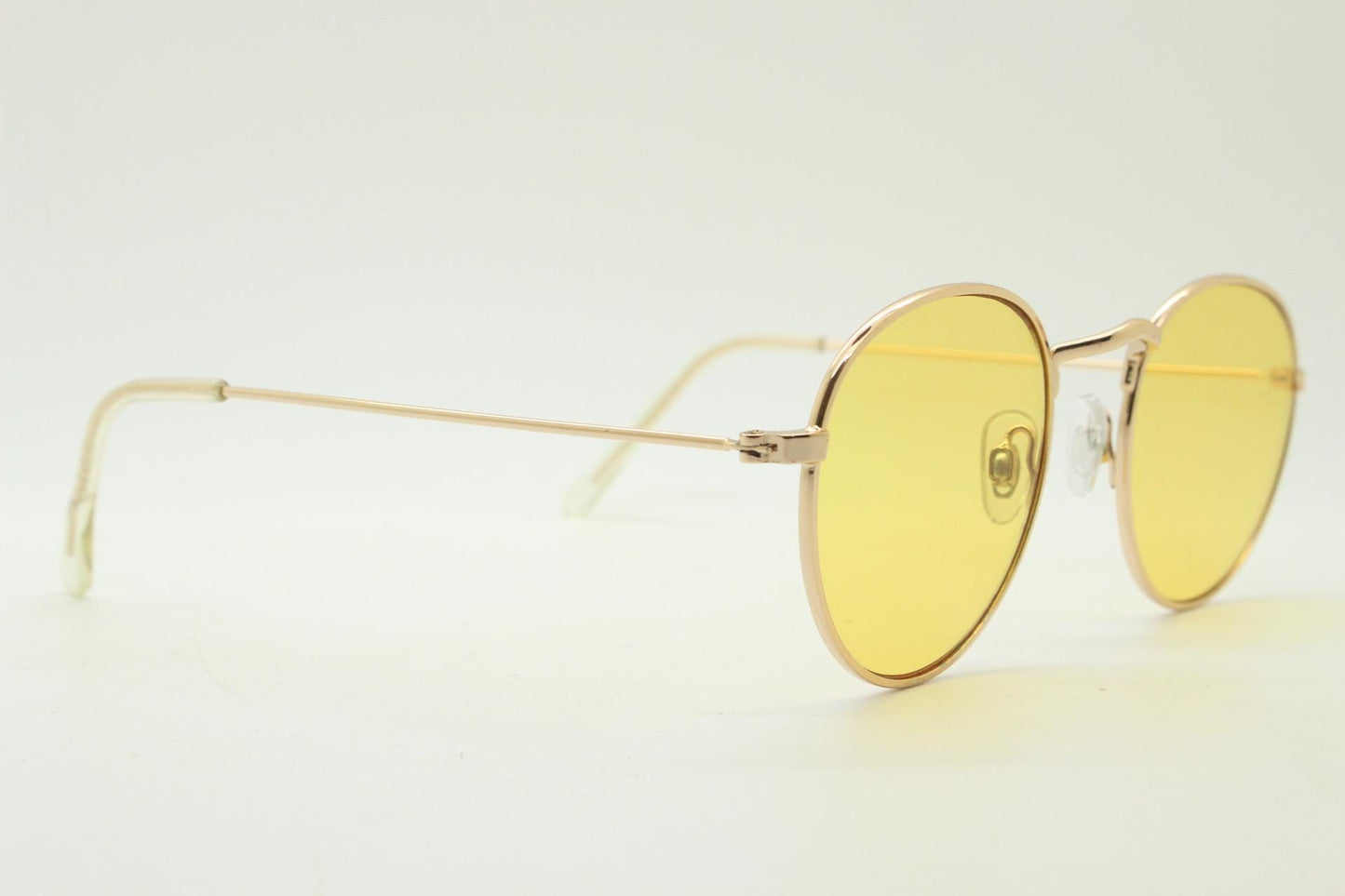 90s vintage round metal sunglasses, Classical 1930s design gold frame with blazing canary yellow lenses. Unused. NOS. Panto