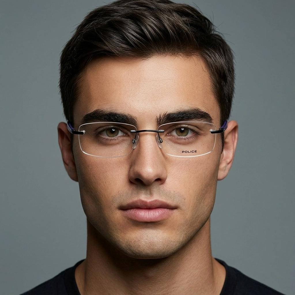 Police 90s vintage rectangular frameless eye glasses made in Italy. Minimal low profile optical frame with black satin metal trim. RX