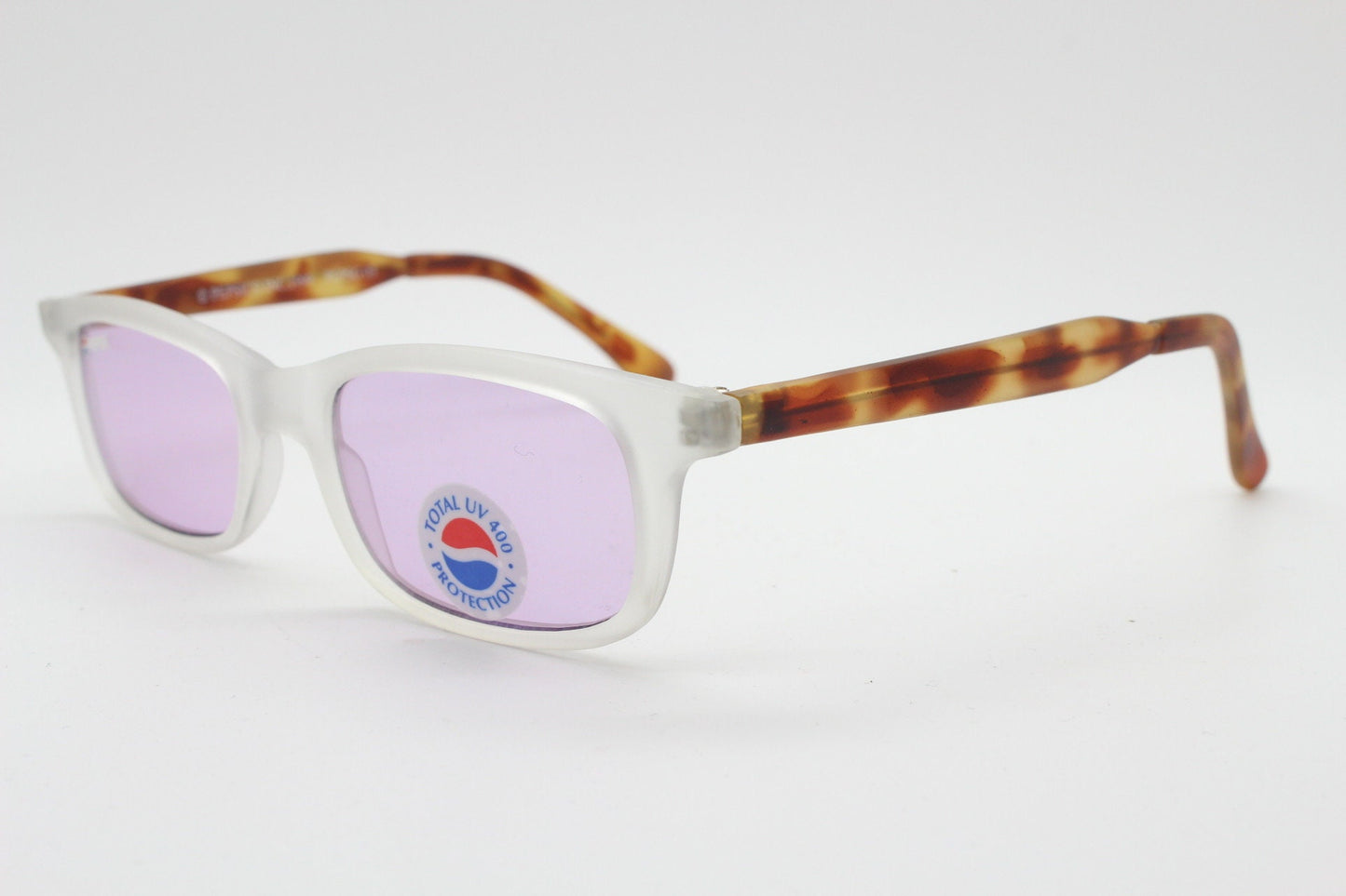 Pepsi 90s vintage sunglasses. Low profile rectangular frosted frame with tortoise arms and extra light tone purple lenses. Unused NOS
