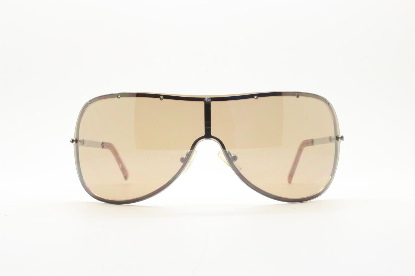 Y2K vintage visor aviator sunglasses with diamante. Brown wrap around mini mask shield design with curved mono lens. 2000s. Racing style