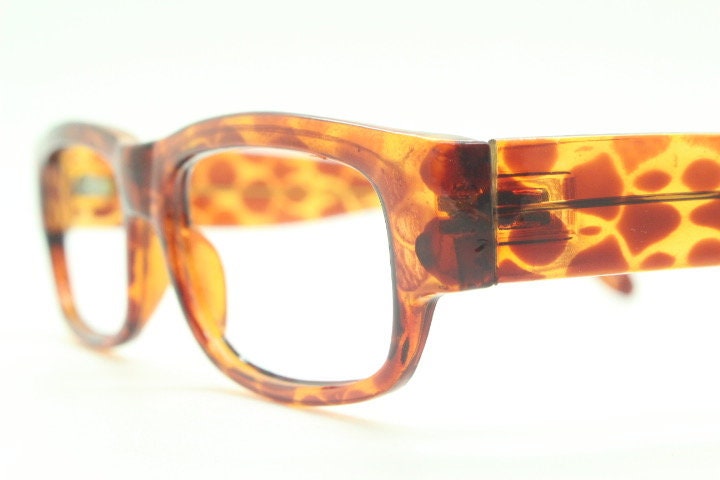 80s vintage rectangular low profile eye glasses. Transparent brown giraffe pattern optical frames. Prescription RX Spectacles. NOS