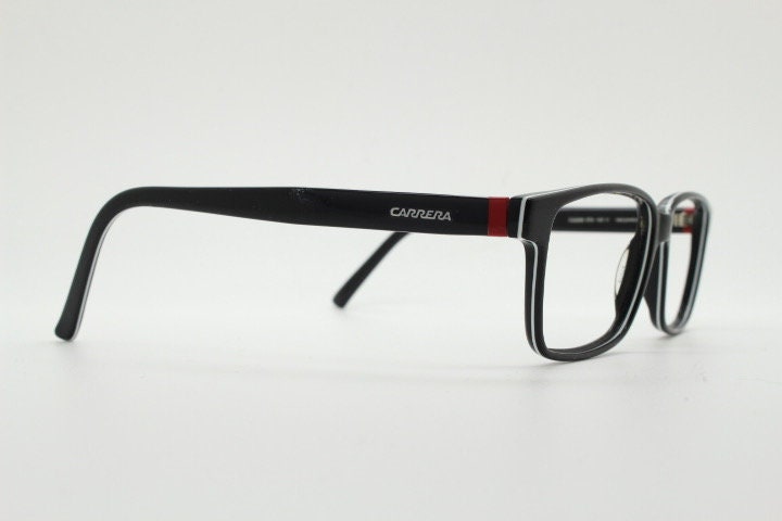 Carrera rectangular eye glasses. Black and white layered acetate optical frames. Prescription eyeglasses. Vintage RX spectacles
