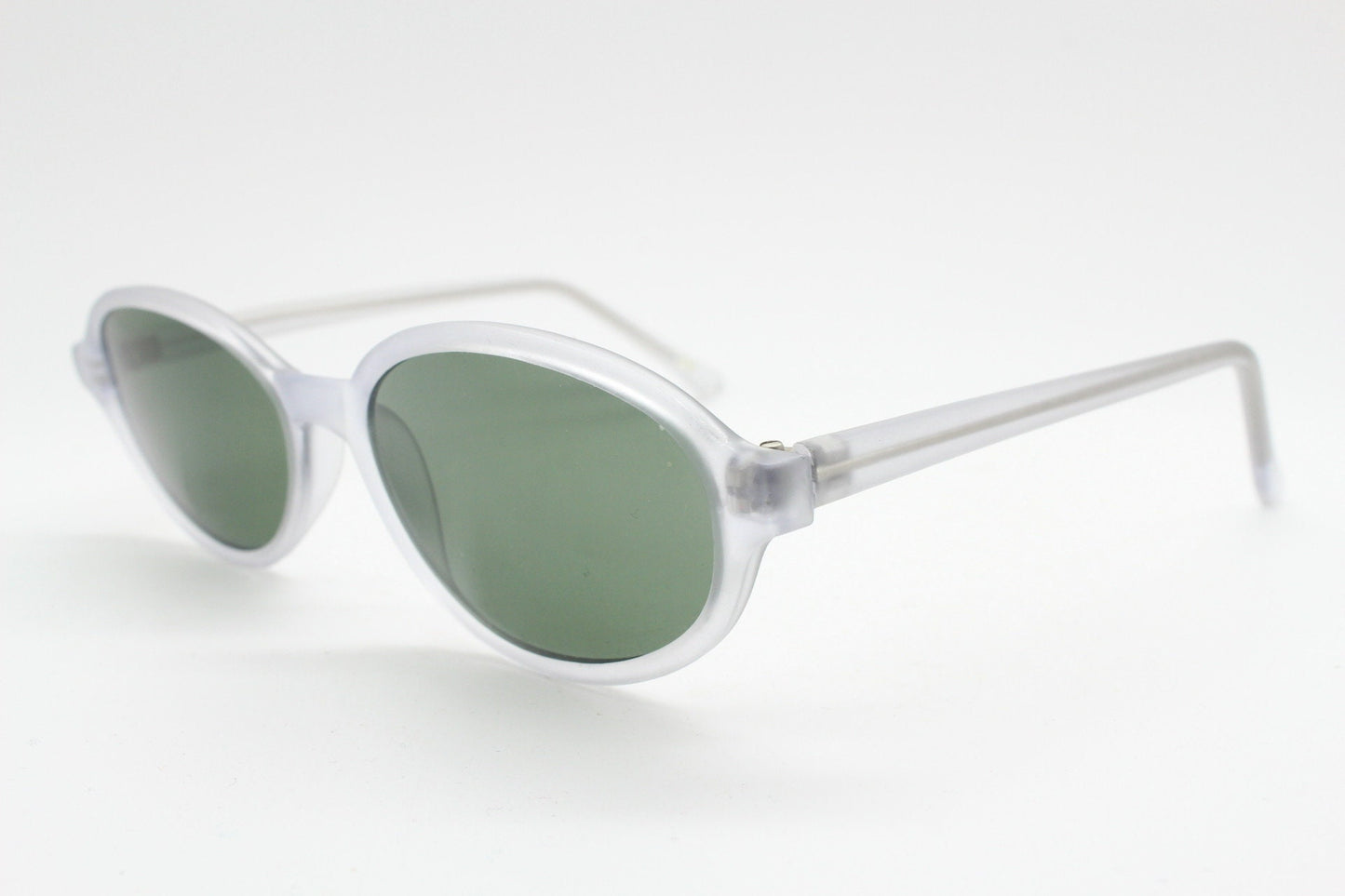 Vintage 90s futuristic oval sunglasses. Frosted transparent frame cat eye with dark green lenses. Unused NOS