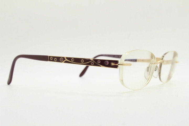 Silhouette rectangular frameless eye glasses made in Austria. Minimal optical frame with enamel and diamantes. Prescription RX. Rhinestone