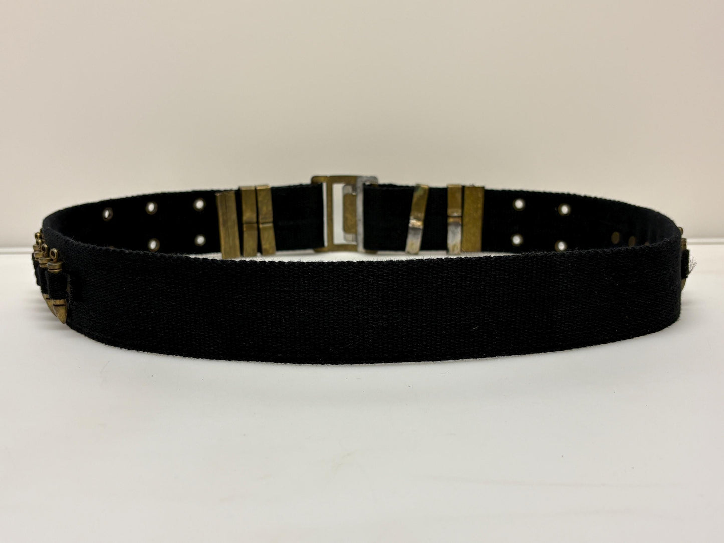 90s vintage army webbing bullet belt. Thick black canvas with distressed metal hardware. Fully adjustable. Bullets incl. Hunting. Webbing