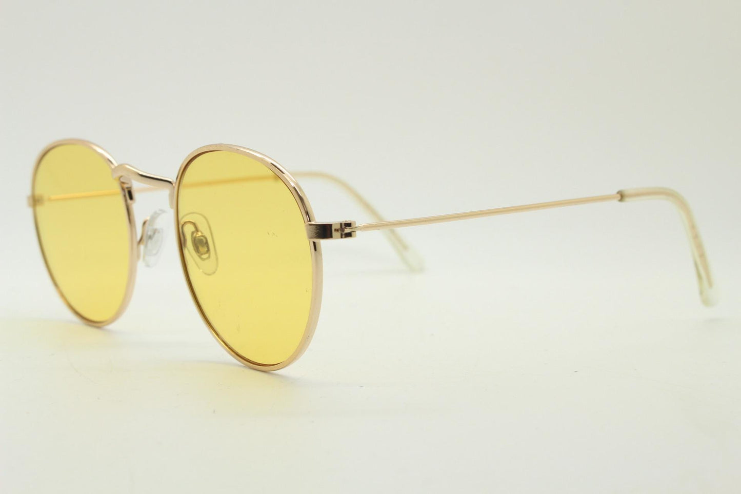 90s vintage round metal sunglasses, Classical 1930s design gold frame with blazing canary yellow lenses. Unused. NOS. Panto