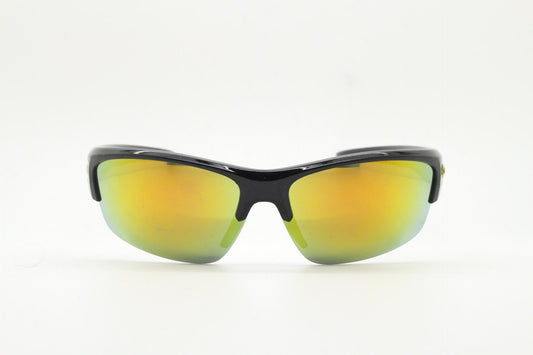 Y2K vintage visor sports shield sunglasses. Black gloss half frame wrap around with blazing orange mirror lenses. 90s mini mask. 2000's NOS
