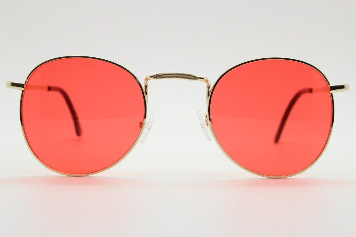 90s vintage round metal sunglasses, 60s style gold frame with blazing red lenses. Unused. Unused NOS Panto