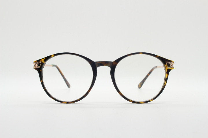 90s vintage round glasses with tortoise front and gold embossed arms. 40s, 50s style prescription optical frames. Clear lens eyeglasses. RX