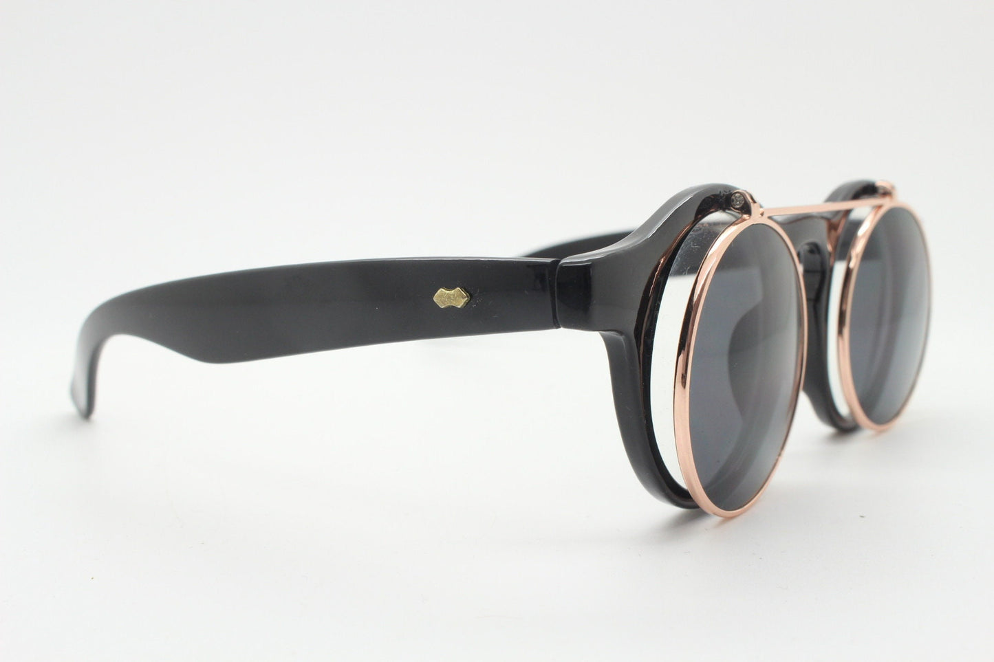 Vintage 90s round flipper sunglasses. 30s style black frame with clear lenses and flip up sunglasses visor. BNWT unused