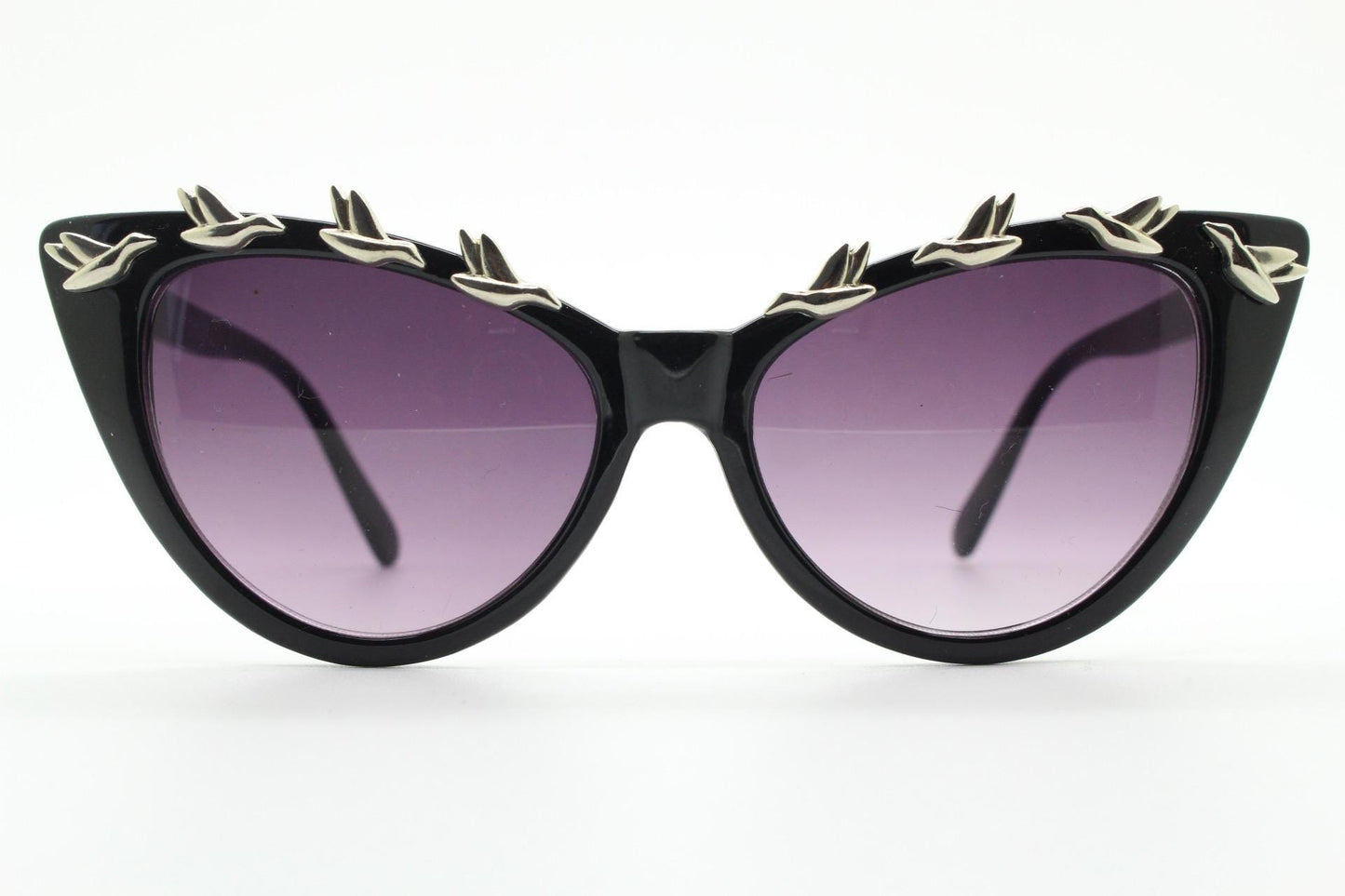 Vintage Y2K cat eye sunglasses. 2000s womens black gloss cateye with charming abstract metal flying birds brow. 50s style rockabilly. NOS