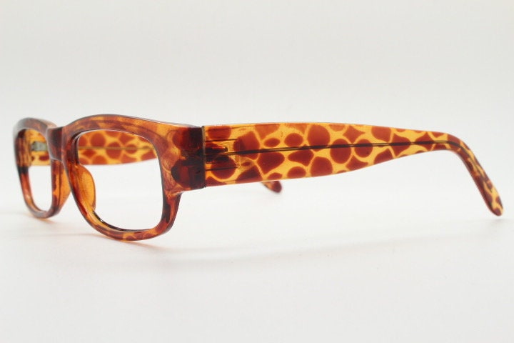 80s vintage rectangular low profile eye glasses. Transparent brown giraffe pattern optical frames. Prescription RX Spectacles. NOS