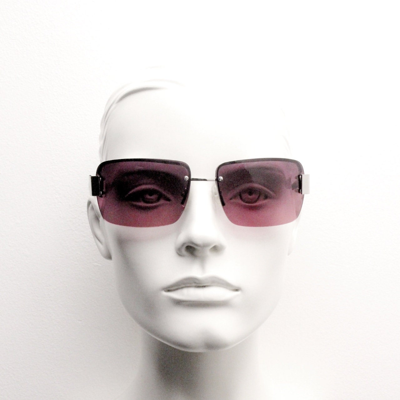 Y2K vintage big rectangle visor sunglasses. Half frame 2000's chrome trim wrap around with lethal purple curved lenses. 00's
