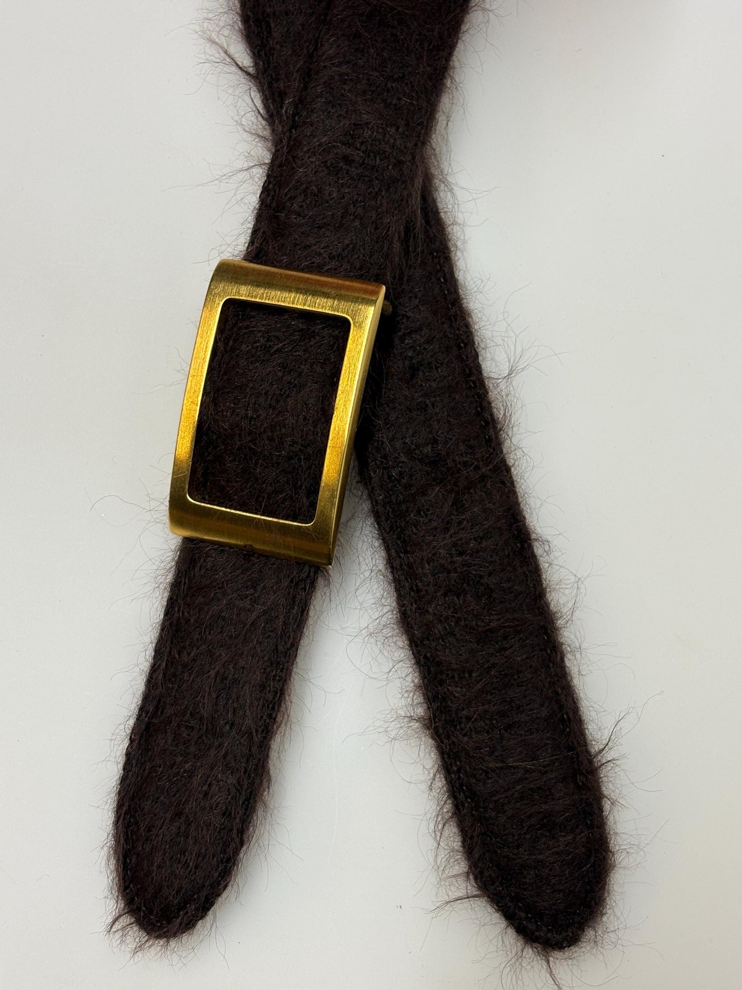 Y2k vintage womens feature belt by Njal of Milan. Luxury brown fuzzy mohair with gold buckle. To wear on a dress. 2000s NOS
