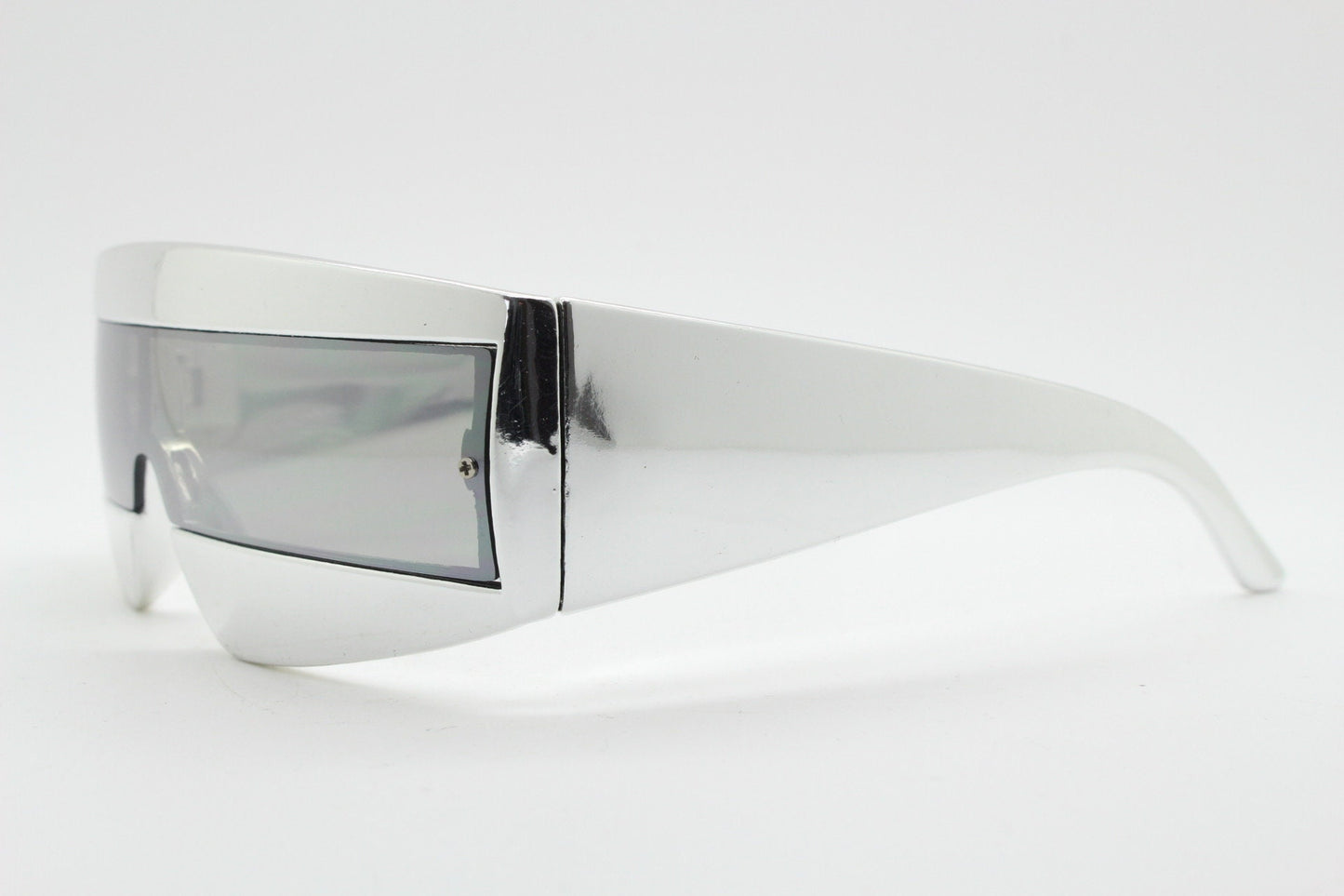 Y2K vintage square visor sunglasses. All silver 80s style robot shield design mirror mono lens with full height arms. 2000s mask. NOS BNWT