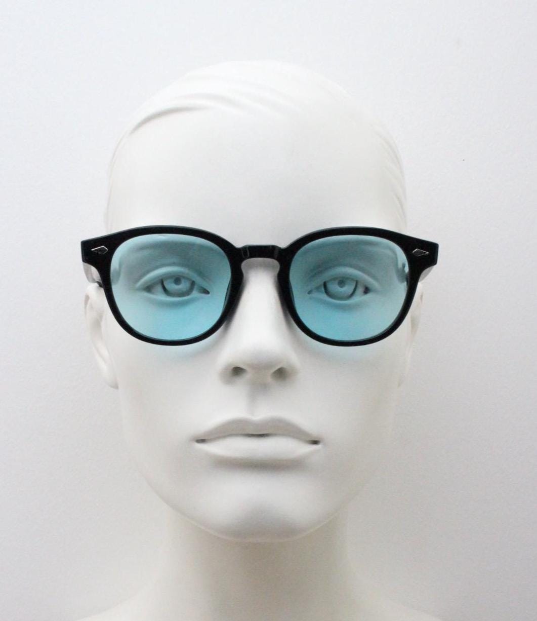 Vintage modified wayfarer design glasses. Black gloss 40s, 50s shape frame with keyhole bridge and extra light tone blue lenses. BNWT