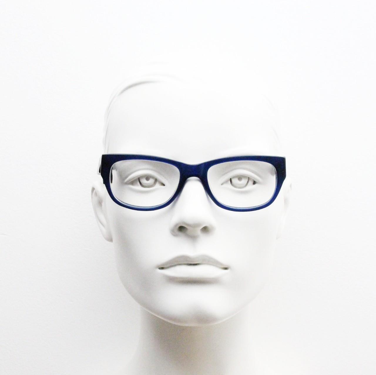 Chunky frame modified cat eye glasses. Superior quality optical eyeglasses. Deep blue front with wood look arms. Prescription RX Spectacles
