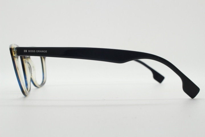 Boss Orange vintage wayfarer shape eye glasses. Black and navy striped optical frames with keyhole bridge. Prescription eyeglasses. RX  Hugo