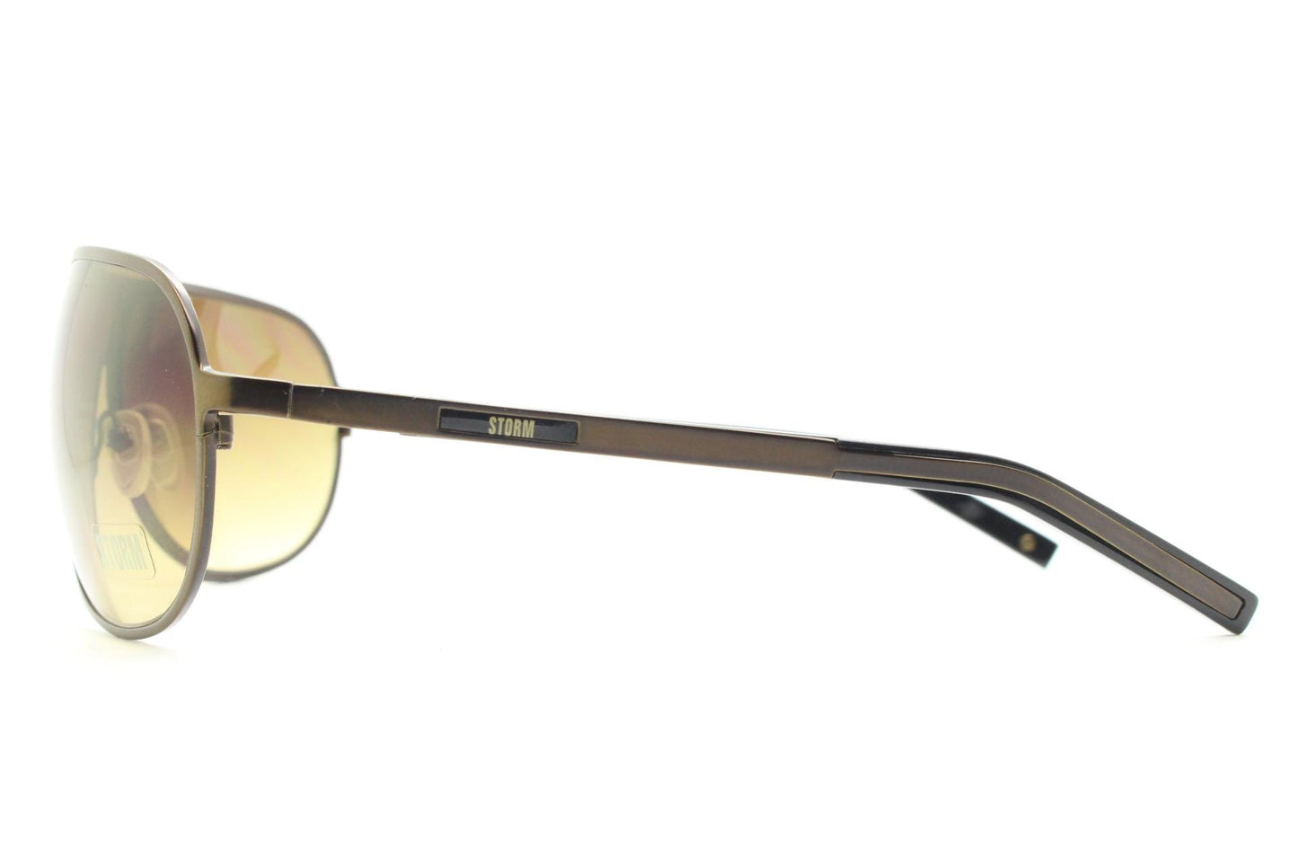 Storm Y2K bug eye aviator sunglasses model Photon. Bronze satin finish shield style aviators with graduating brown lenses.  Unused NOS.