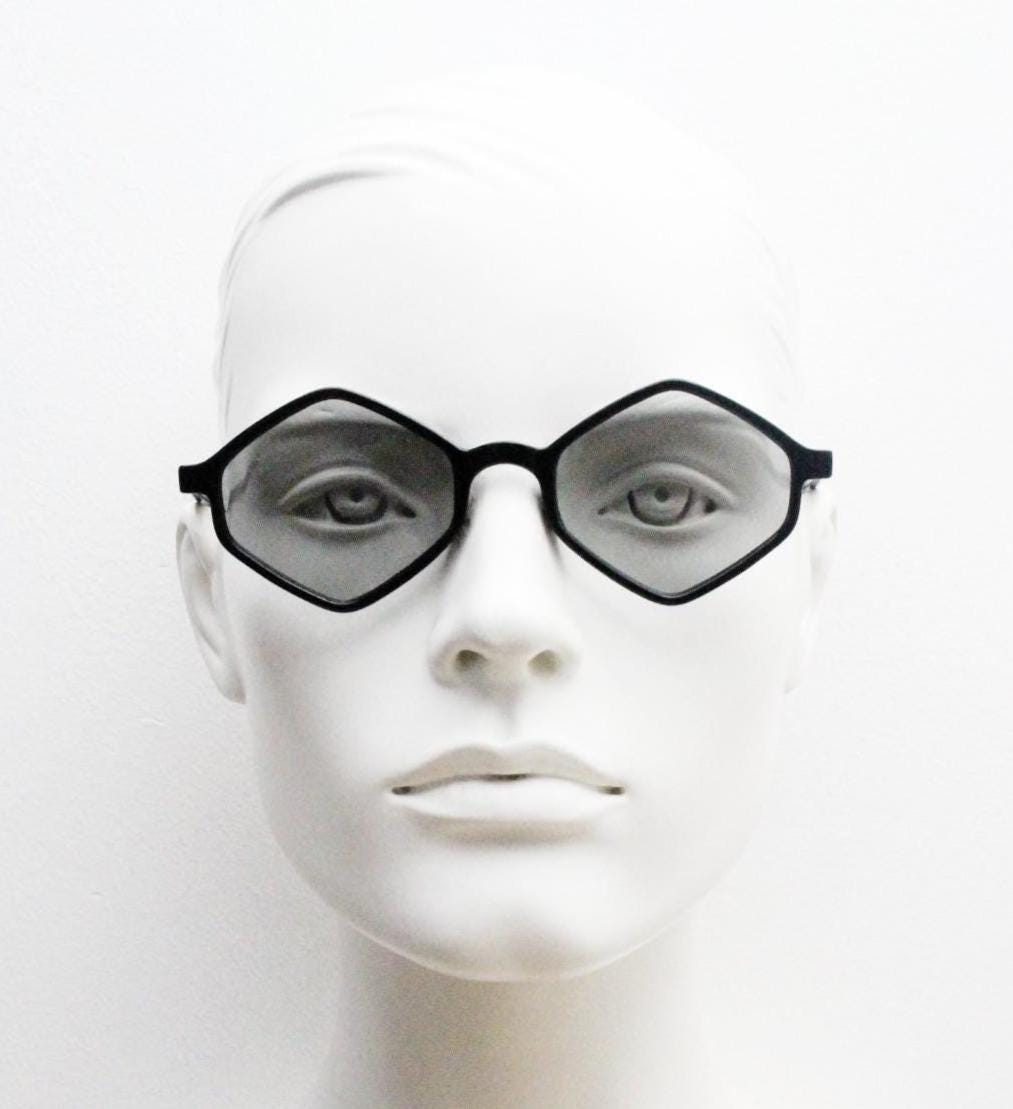 90s vintage diamond hexagon sunglasses. Atmospheric 6 sided black gloss frame with extra light tone lenses. Unused BNWT