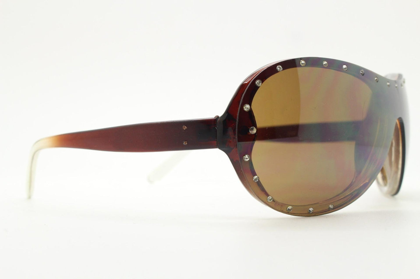 Y2K vintage visor aviator sunglasses with diamante. Brown wrap around mini mask shield design with curved mono lens. 2000s NOS. Rhinestone