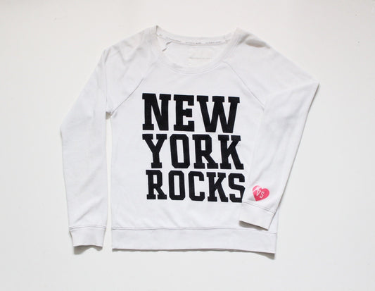 Victorias Secret white sweatshirt. "New York Rocks" print on long sleeve round neck sweater. Womens crew neck pullover