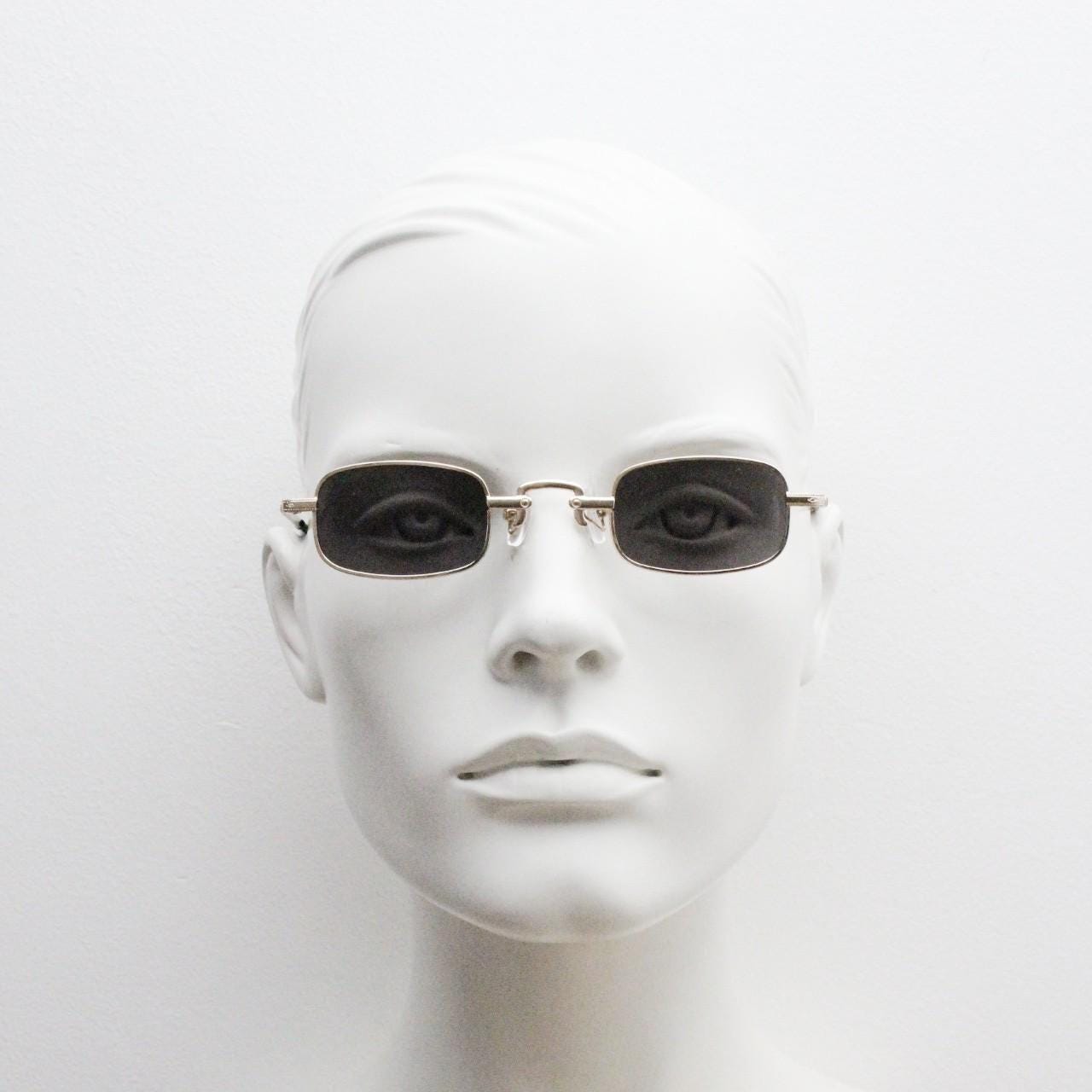 90s vintage small rectangular sunglasses. Imposing minimal gold metal victorian style frame with black lenses. Steampunk. Unused BNWT