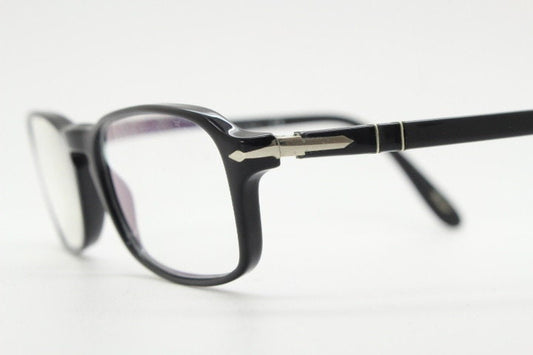 Persol rectangular eye glasses hand made in Italy. Black gloss acetate optical frame with keyhole bridge. Prescription eyeglasses. Vintage