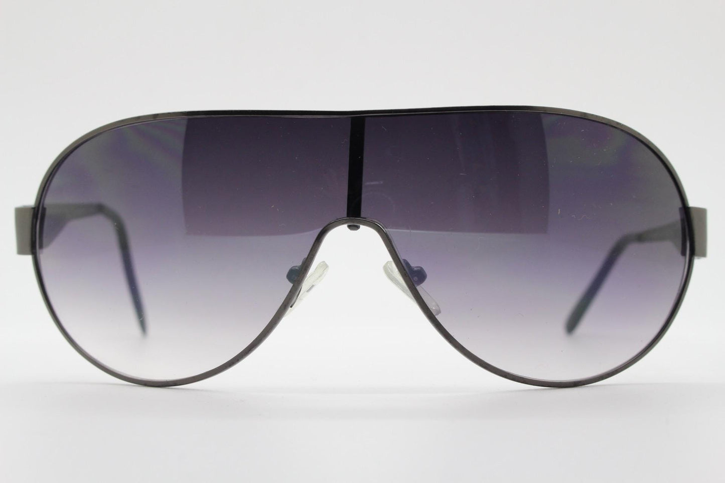 Y2K vintage large mask aviator sunglasses. Grey curved wrap around shield design with graduating monolens and cut out arm stripes. 2000s NOS