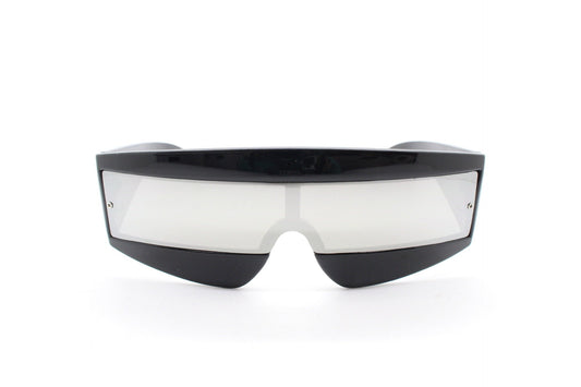 Y2K vintage square visor sunglasses. Black 80s style robot shield design mirror mask mono lens with full height arms. 2000s NOS BNWT