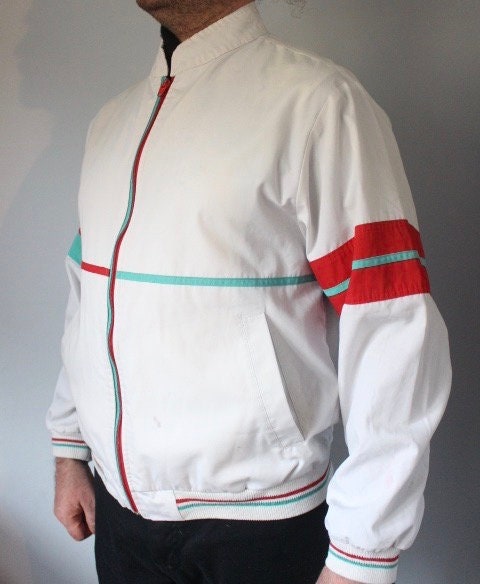 Gabicci Concept Design 80s vintage zip bomber jacket in white with green and red mirror image stripe details. Mens round neck. Cult casuals