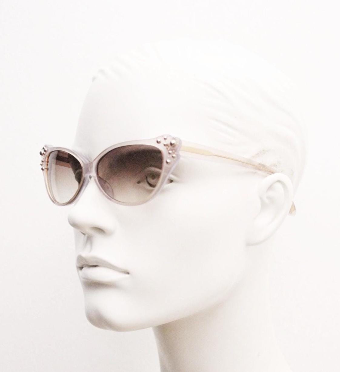 Agent Provocateur cateye sunglasses made in Japan by Linda Farrow. Womens beige glitter frame cat eye with gold studs. NOS vintage