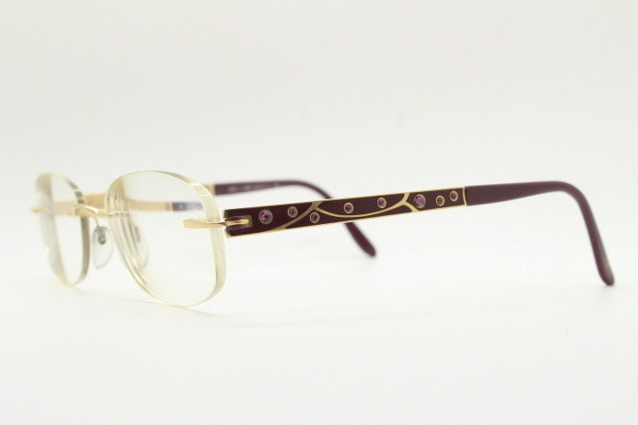 Silhouette rectangular frameless eye glasses made in Austria. Minimal optical frame with enamel and diamantes. Prescription RX. Rhinestone