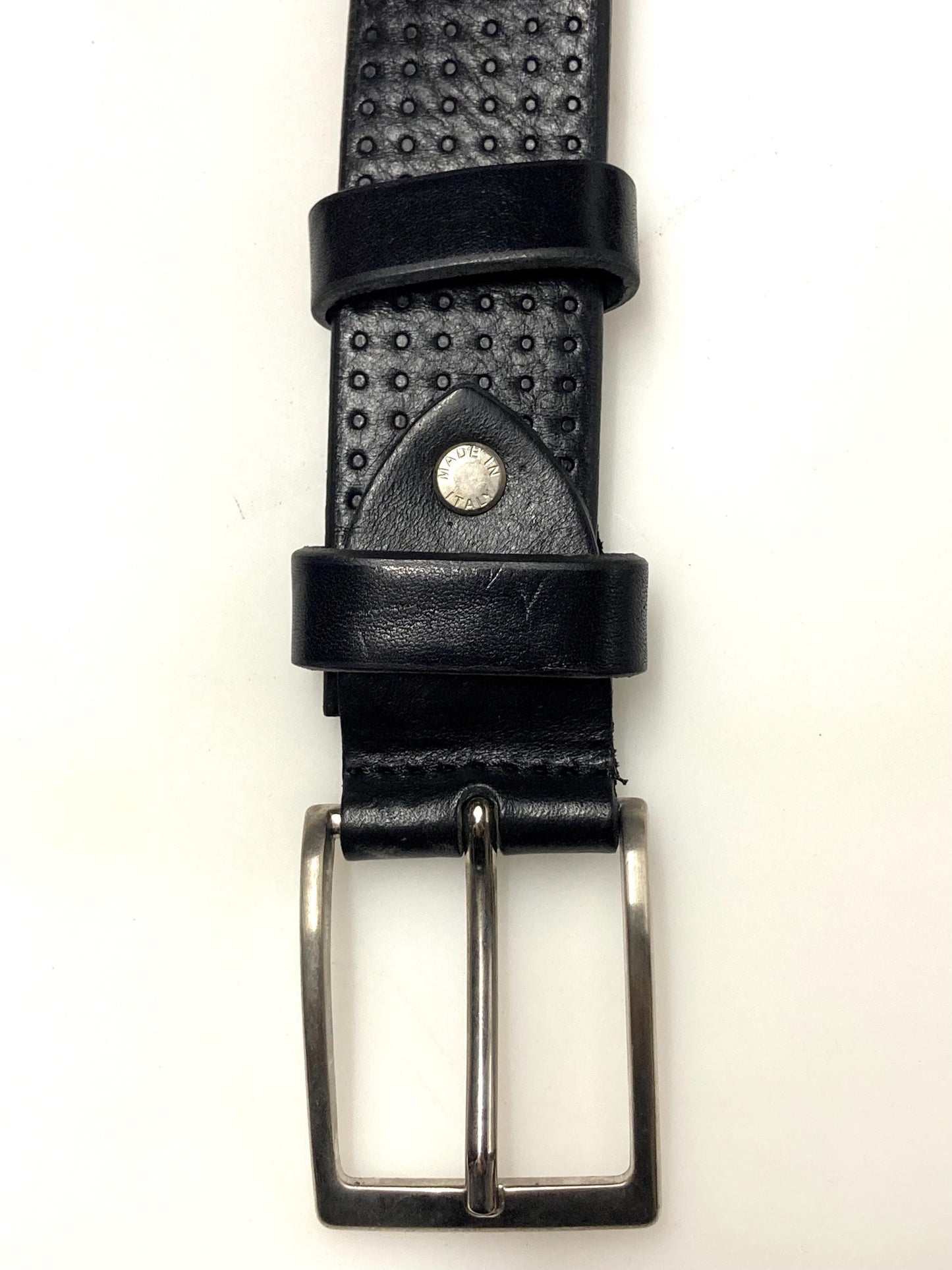 90s vintage black genuine leather belt made in Italy. Thick cowhide with smooth finish and indented dots for trousers/jeans. Mens NOS