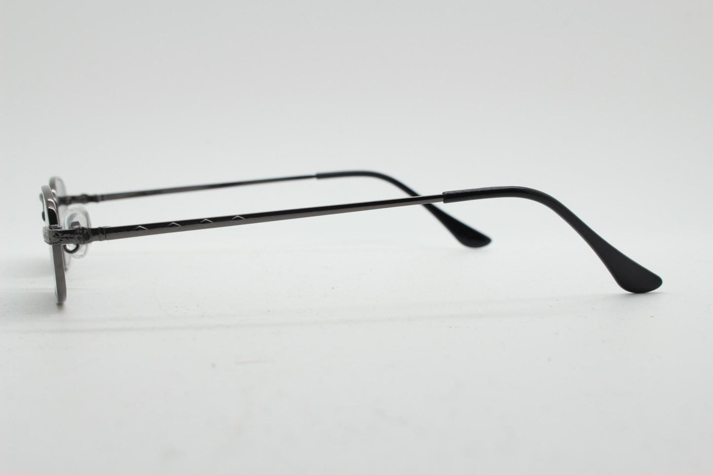90s vintage small rectangular sunglasses. Imposing minimal gunmetal grey victorian style frame with black lenses. Steampunk. Unused NOS