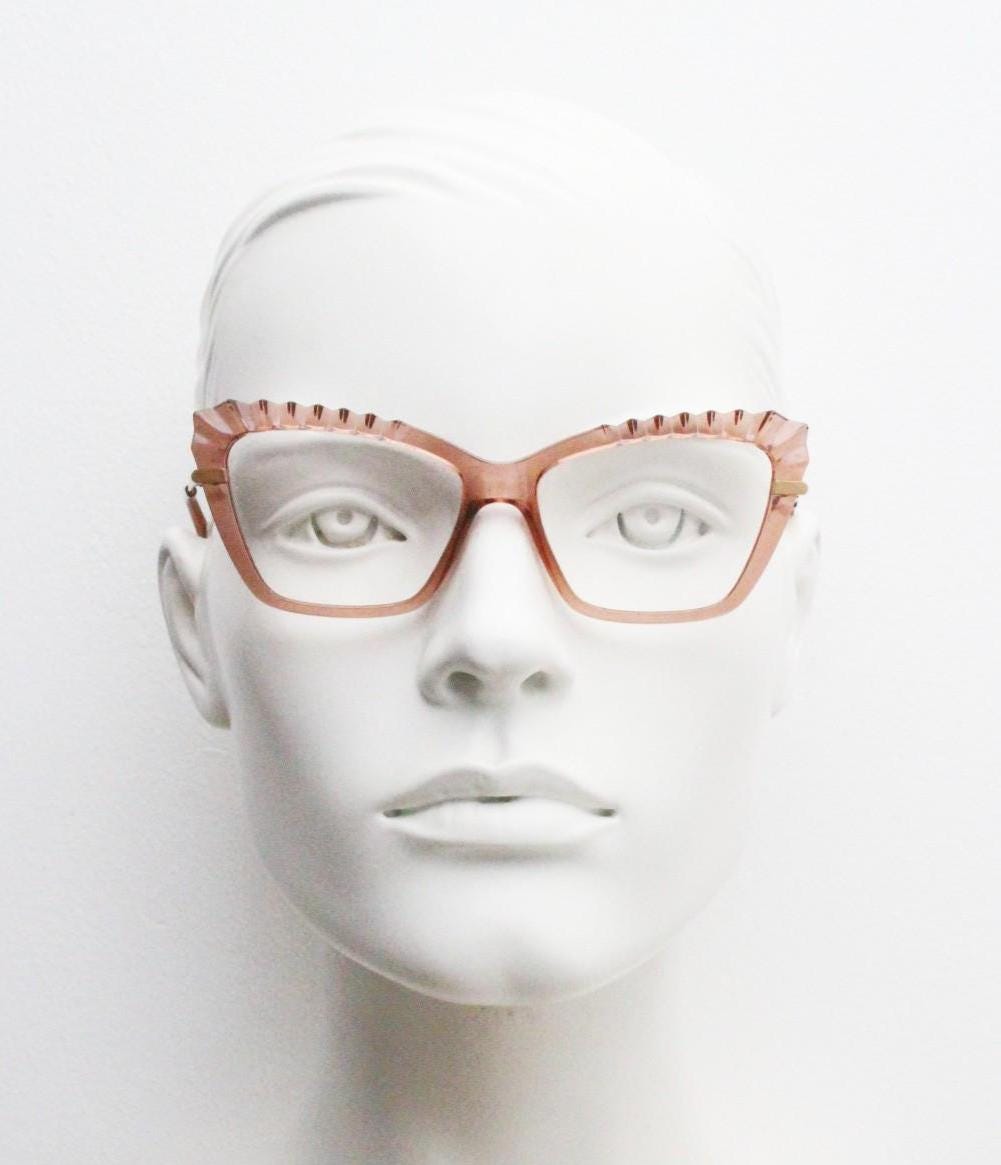 Incredible spiky pointed cat eye glasses. Transparent pink cateye optical frame with slender golden arms. Vintage Prescription RX Spectacles
