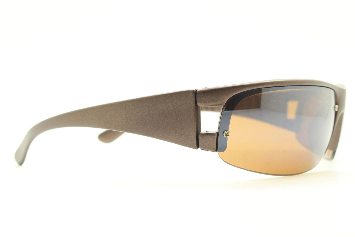 90s vintage visor sunglasses. Brown matt half frame wrap around sports shield with light tone lenses. Mini mask. 2000's. Y2K NOS