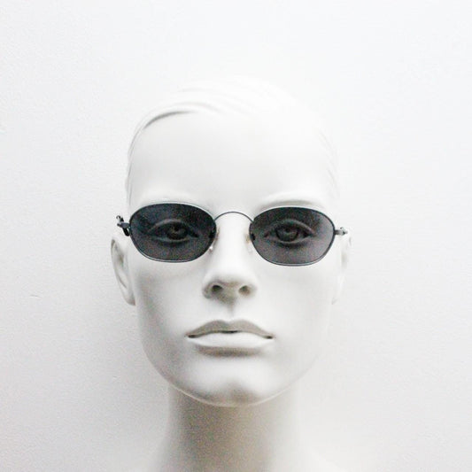 90s vintage small angular oval bug eye sunglasses. Minimal brushed satin finish frame with silver mirror lenses. Y2K. 2000s. Unworn NOS