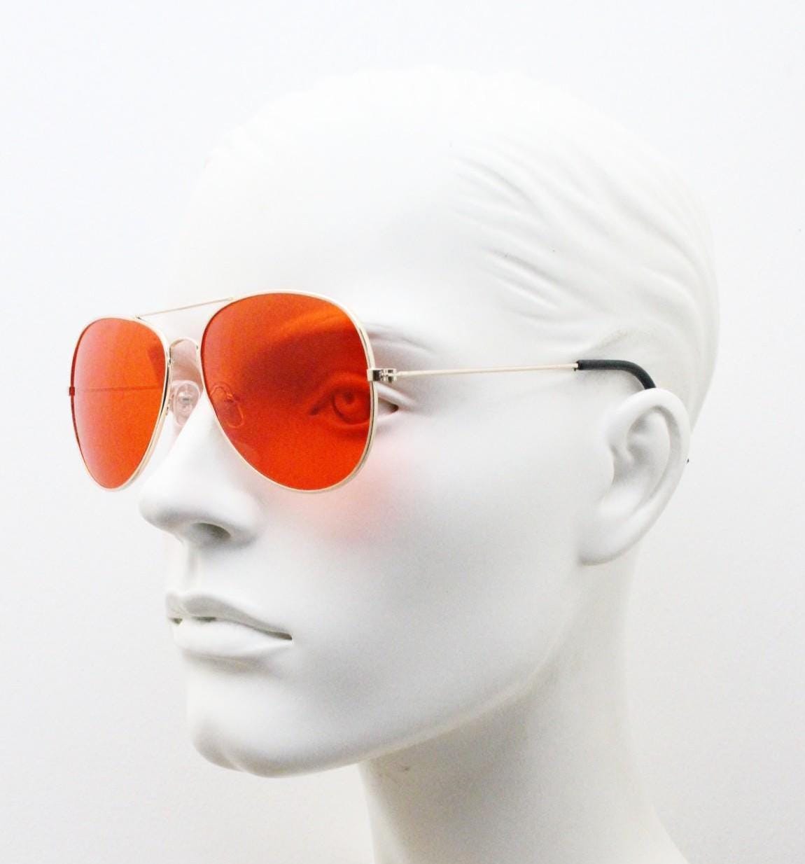 Y2K vintage teardrop aviator sunglasses. Gold chrome metal frame 70s design aviators with intense red lenses. 2000s. Unused NOS