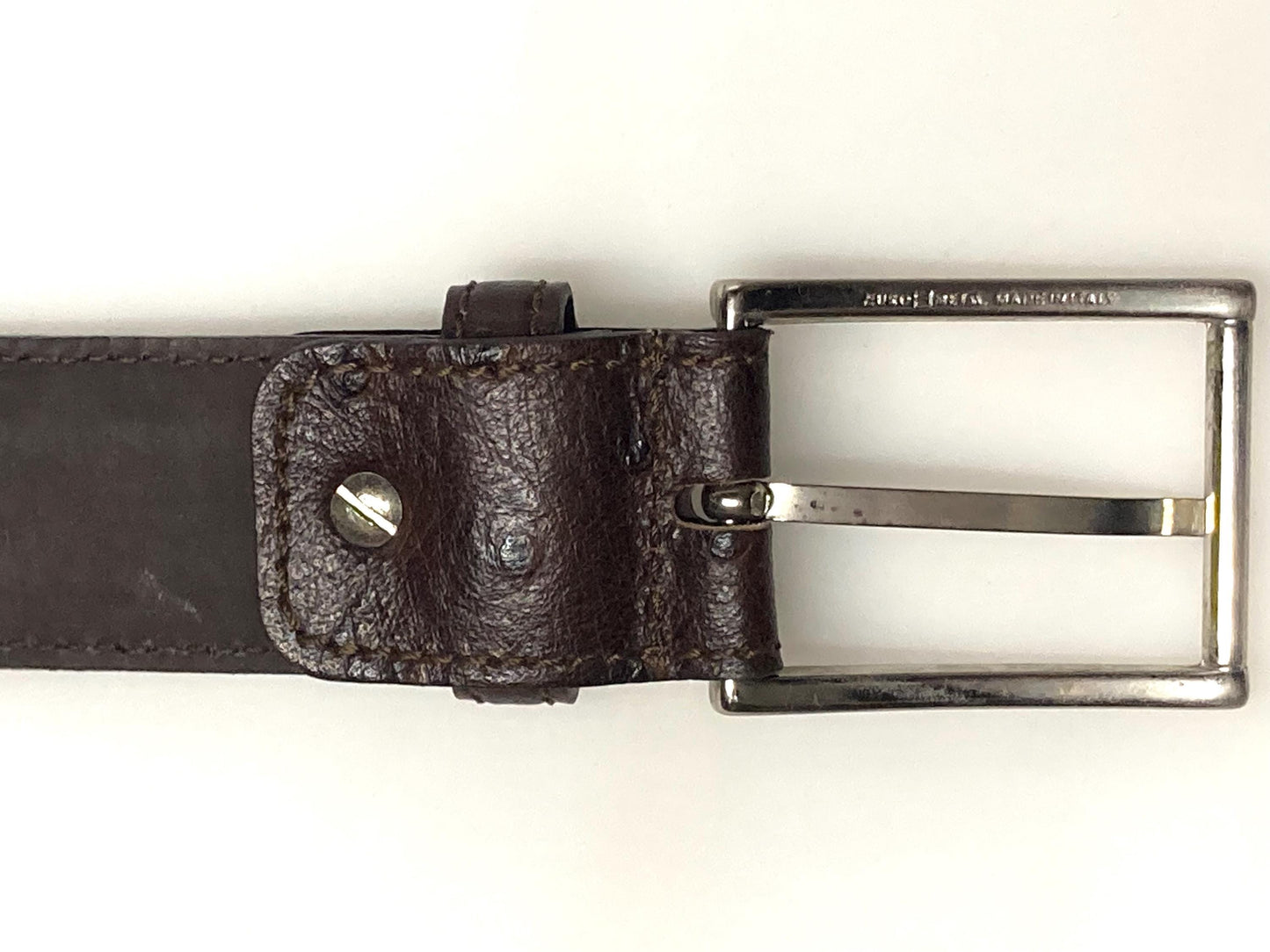 90s vintage dark brown genuine leather belt made in Italy by Joseph Di Pino. Tooled finish made to look like Ostrich. NOS. Mens Large